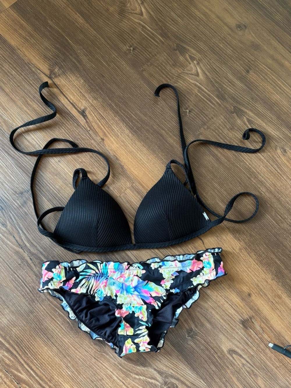 PINK Victoria's Secret Black Triangle Top with Floral Bikini Bottoms